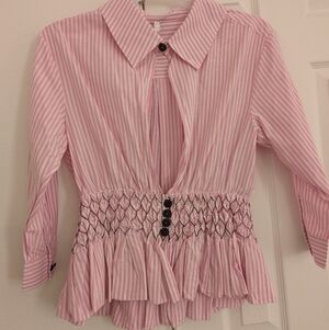 Chanel Pink and White Striped Peplum Button-Front Blouse